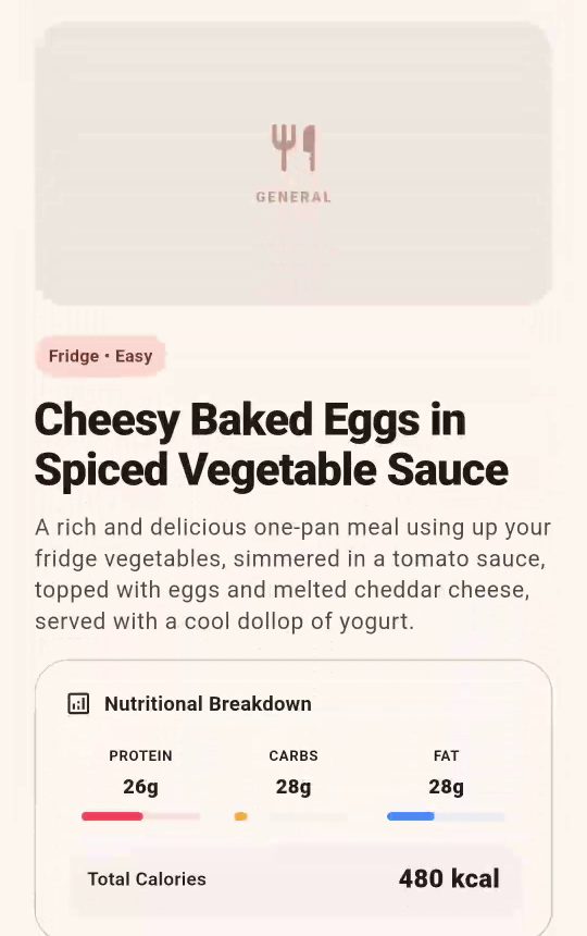 A recipe suggested by the app: Cheesy Baked Eggs in Spiced Vegetable Sauce with nutrition breakdown